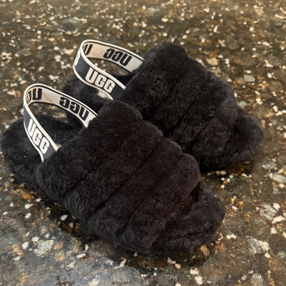 UGG Black Fluffy disco Slides. Sz 38